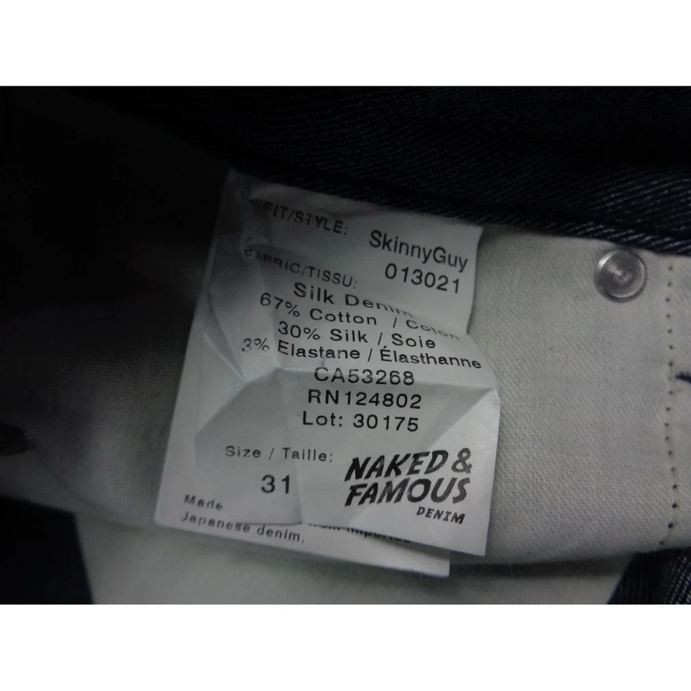 Naked‎ & Famous Jeans Mens 31x36 Blue Skinny Guy Silk Denim Silk Blend